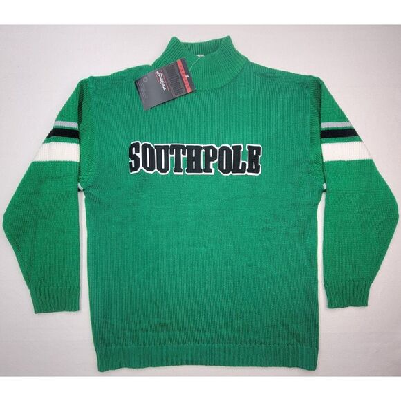 Y2K Southpole Sweater Mens L Pullover Green Black Striped‎ Long Sleeve Mock Neck - Picture 1 of 10